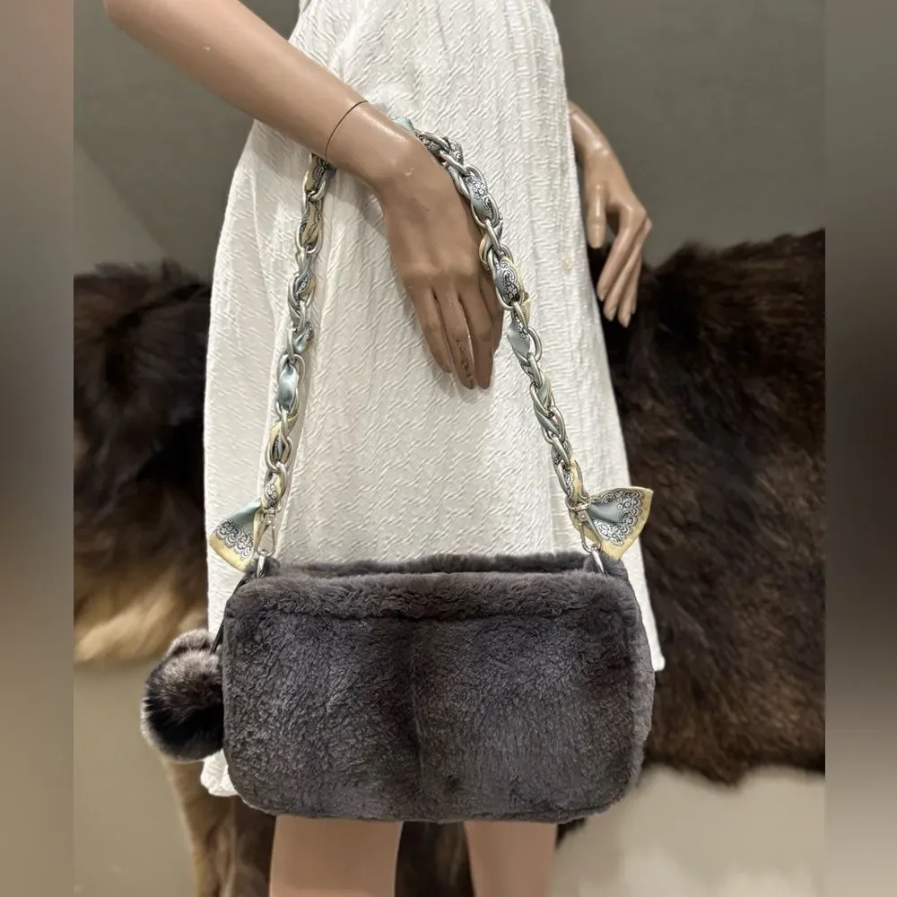 Gray Real Sheared Beaver Fur Handmade Double Zip Pillow Shoulder Bag/ Crossbody